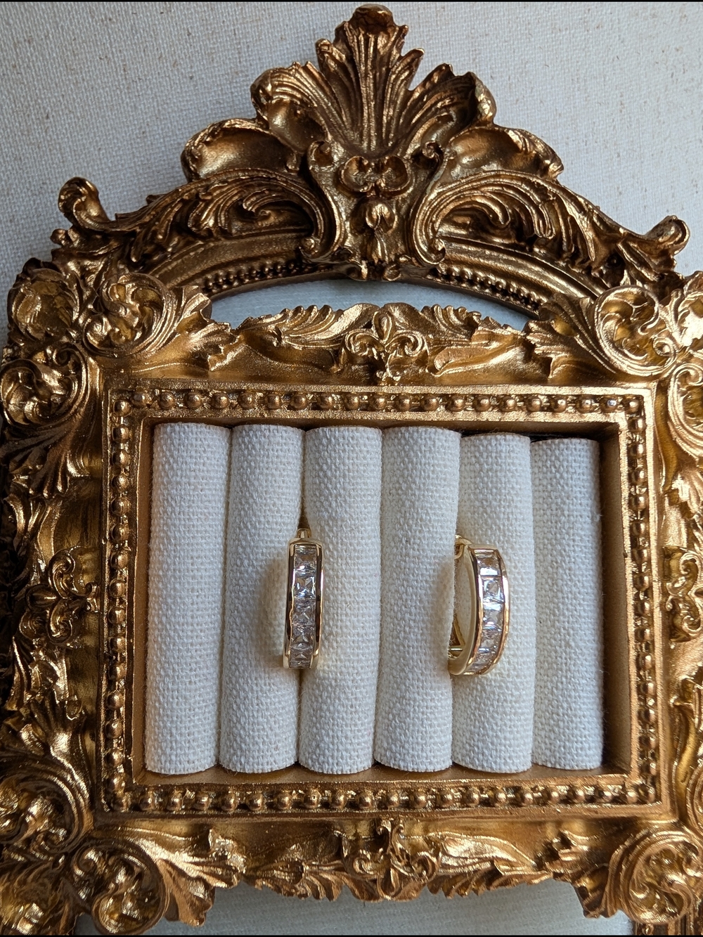 Gold Hoop Earrings - Gold Tone Huggie Hoop Earrings with Inlaid Cubic Zirconia - Picture 5 of 16